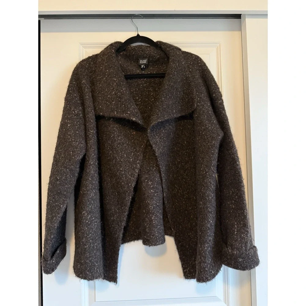 Eileen Fisher AlpacaWool Open Drape Sweater Over Coat SZ L Cardigan Chunky Brown